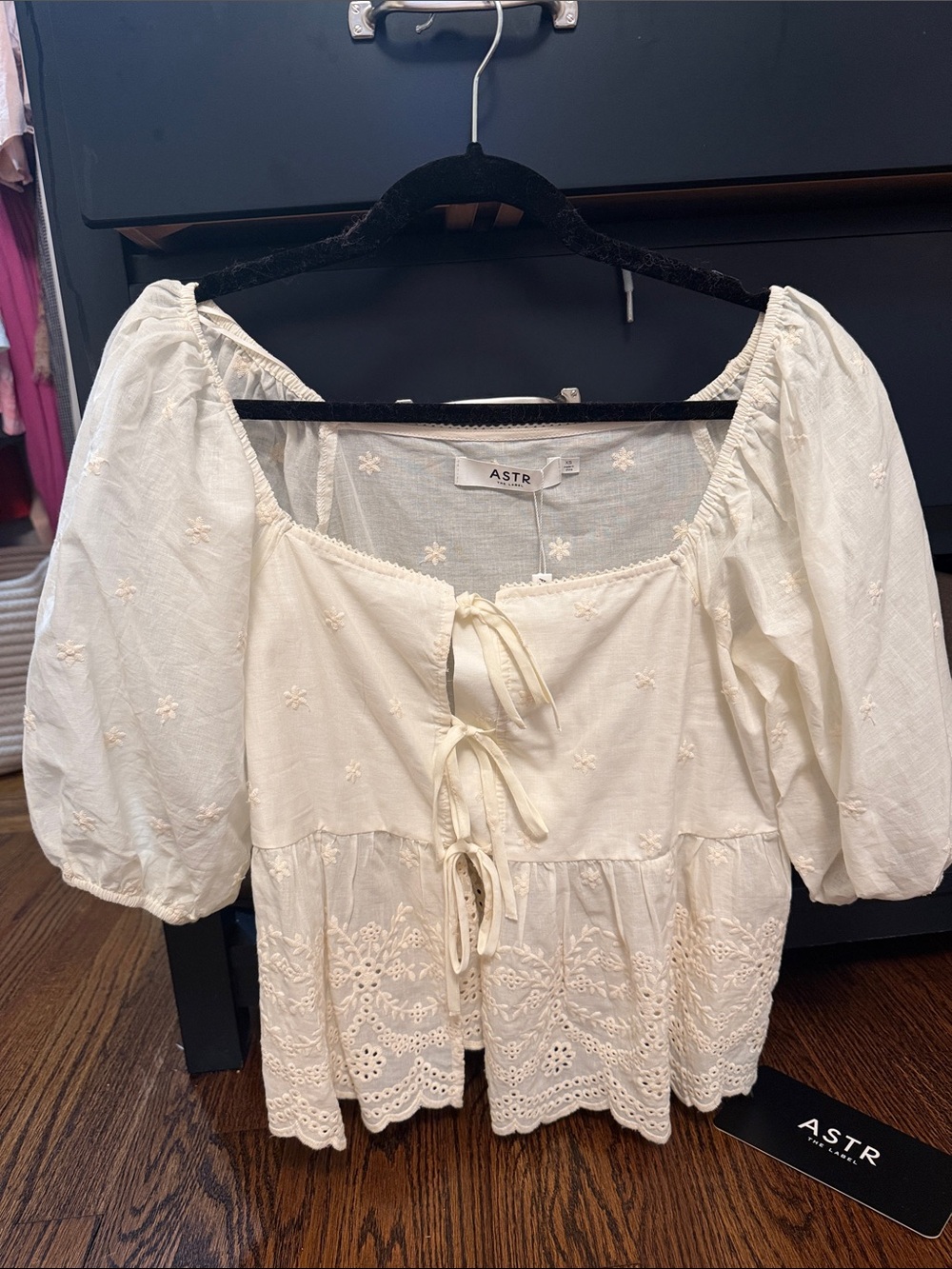 ASTR Cream Embroidered Tie-Front Peasant Blouse